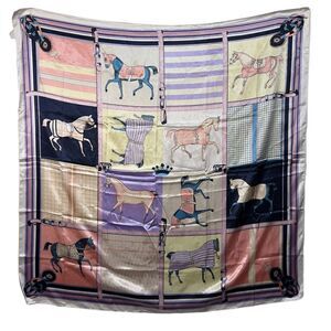 RACE HORSES Equestrian 36" Square Pastel Print Poly Satin Scarf Horse Derby